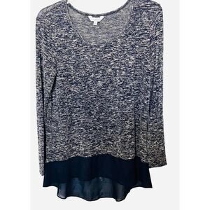 CHARMING CHARLIE LONG SLV KNIT TOP, WOMENS, L, NAVY BLUE & WHITE VARIEGATED